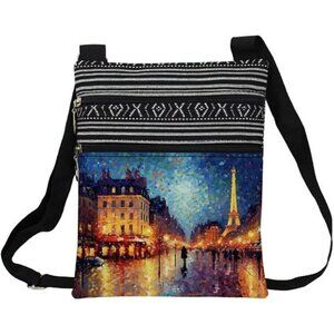 Paris Eiffel Tower Messenger Bag Small Ethnic Pattern Printed Adjustable Strap